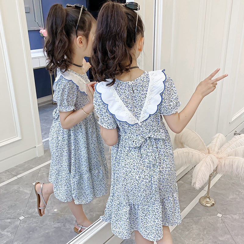 Girls short-sleeved dress 2024 summer new children's chiffon floral dress middle and large children's pastoral style dress