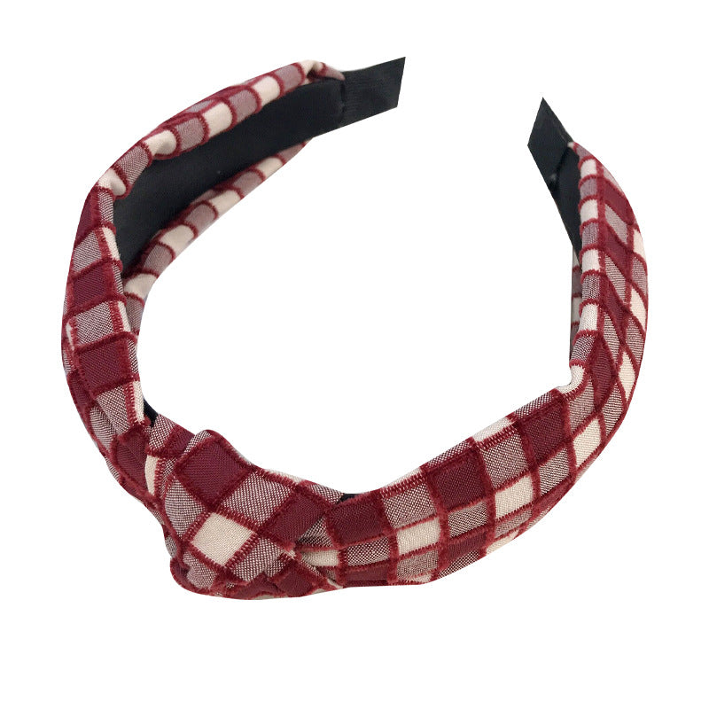 European and American Christmas headband for women Korean style cute sweet temperament knotted head buckle fabric wide edge plaid headband hair cave