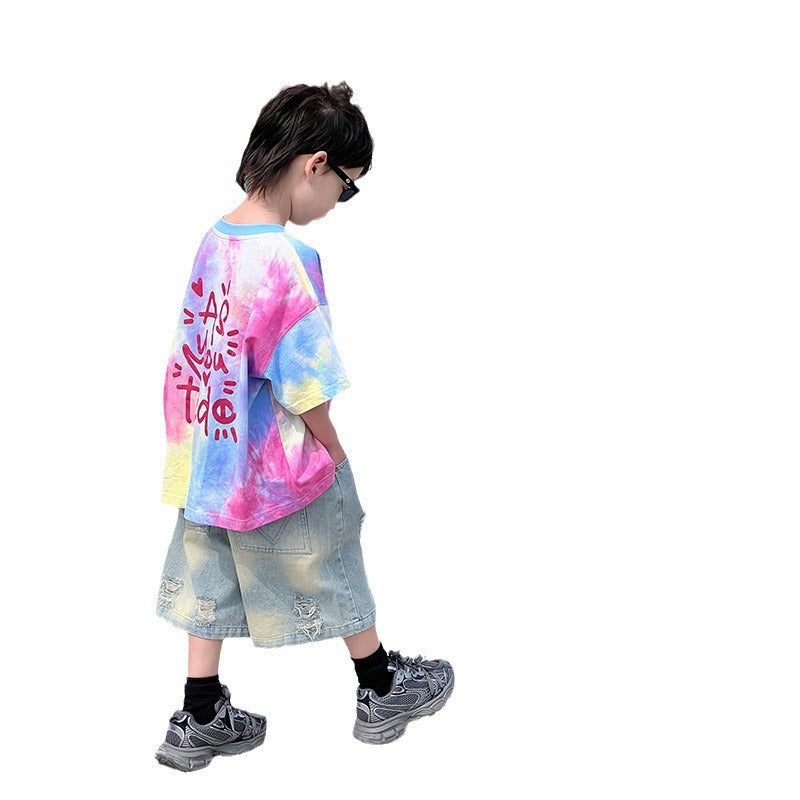 Boys short-sleeved T-shirt 2024 summer new children's half-sleeved middle and large children's street-blasting loose summer tops trendy t wholesale