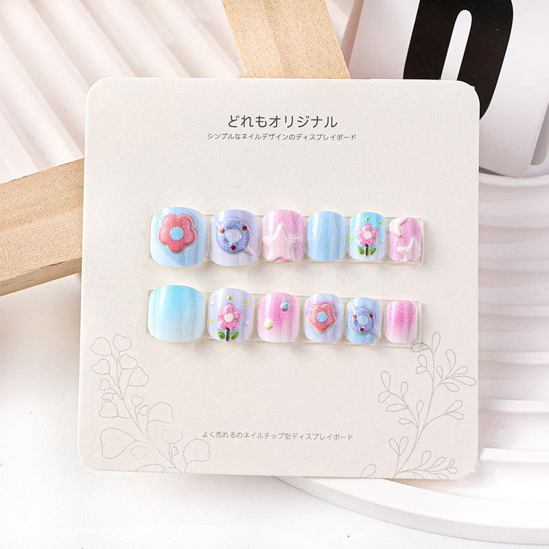 Children's wearable nails short girls wearable nail stickers false nail stickers embossed nail pieces cute cartoon students