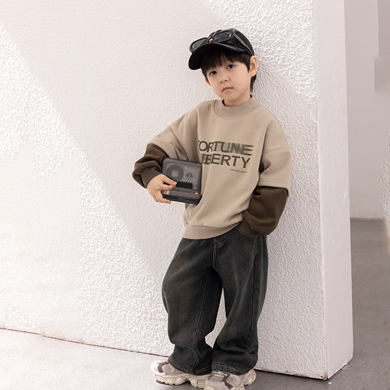 Amo Beibei 2023 Winter Boy Thickened Contrast Color Letter Top Baby Handsome Splicing Sleeve Fake Two-piece Sweatshirt