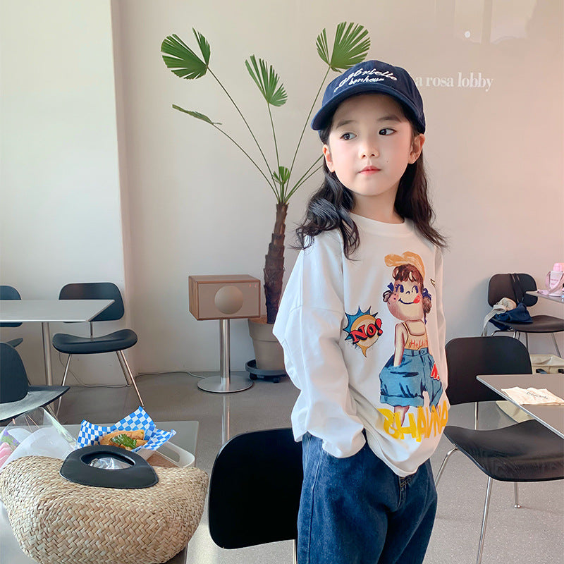 Korean children's clothing 2023 spring and summer boys and girls cartoon print long-sleeved bottoming shirts for small and medium-sized children's Fujiya T-shirts