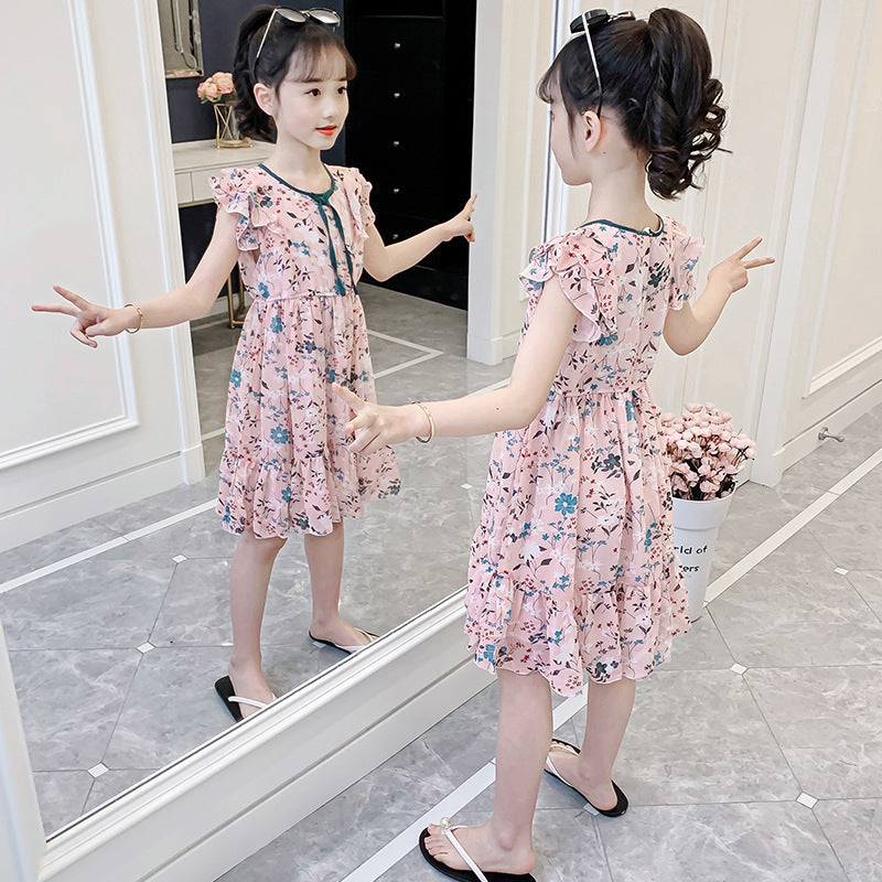 Girls floral chiffon dress 2024 new summer vest dress girl stylish skirt children's princess dress