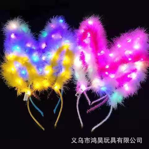 New extended luminous feather bunny ears flashing headdress headband fairy light up hairpin garland party props