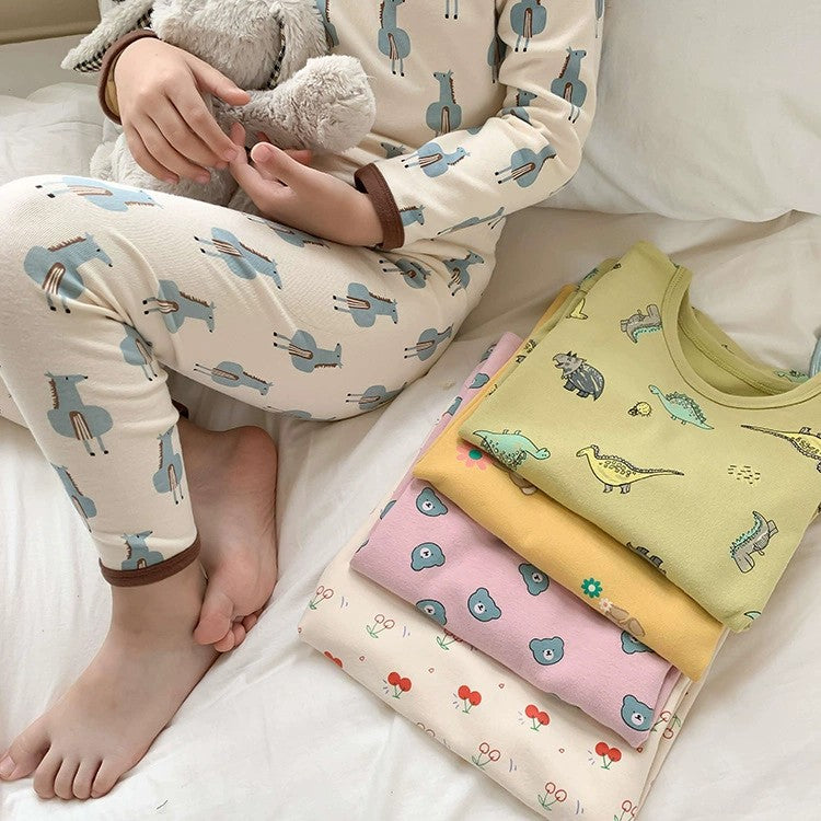 Children's autumn and winter A-type pajamas for boys and girls woolen pull-frame cartoon thermal underwear baby comfortable home clothes suit