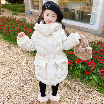 Girls new cotton coat with bow tie Korean style waist thick warm and long cotton coat for middle and large children three-proof wash-free fabric