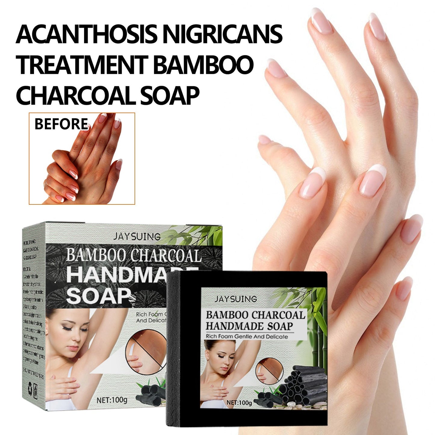 Jaysuing Bamboo Charcoal Handmade Soap Body Cleansing Diminishes the Black Pigmentation in the Armpits and Joints Bamboo Charcoal Soap 