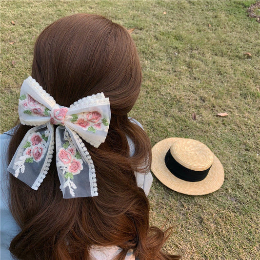 This is too fairy! Spring colors heavy embroidery super fairy flower bow hairpin hair accessories top clip