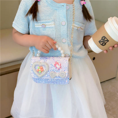 New style children's bag fashion pearl handbag cartoon cute small square bag trendy chain crossbody bag girls shoulder bag