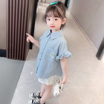 Girls summer shirt plaid fragrant style embroidery kindergarten primary school plaid lace wood ear edge cotton cloth net celebrity short sleeve