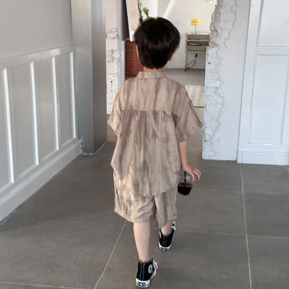 Amo Baby Children's Clothing 2024 Summer Boys' Western Style New Chinese Style Button Suit Baby Casual Blurred Two-piece Suit