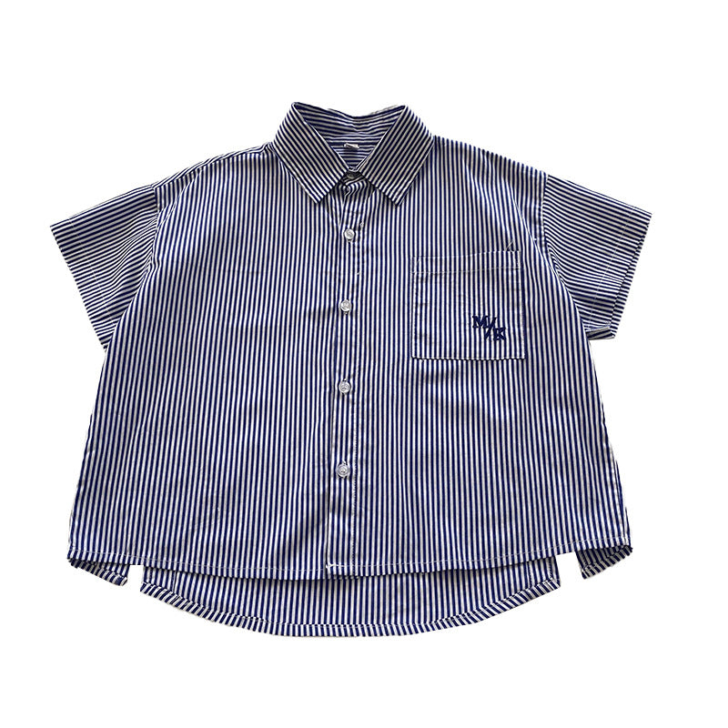 Children's clothing boys short-sleeved shirt children's summer jacket 2024 summer new style little boy breathable striped shirt trend