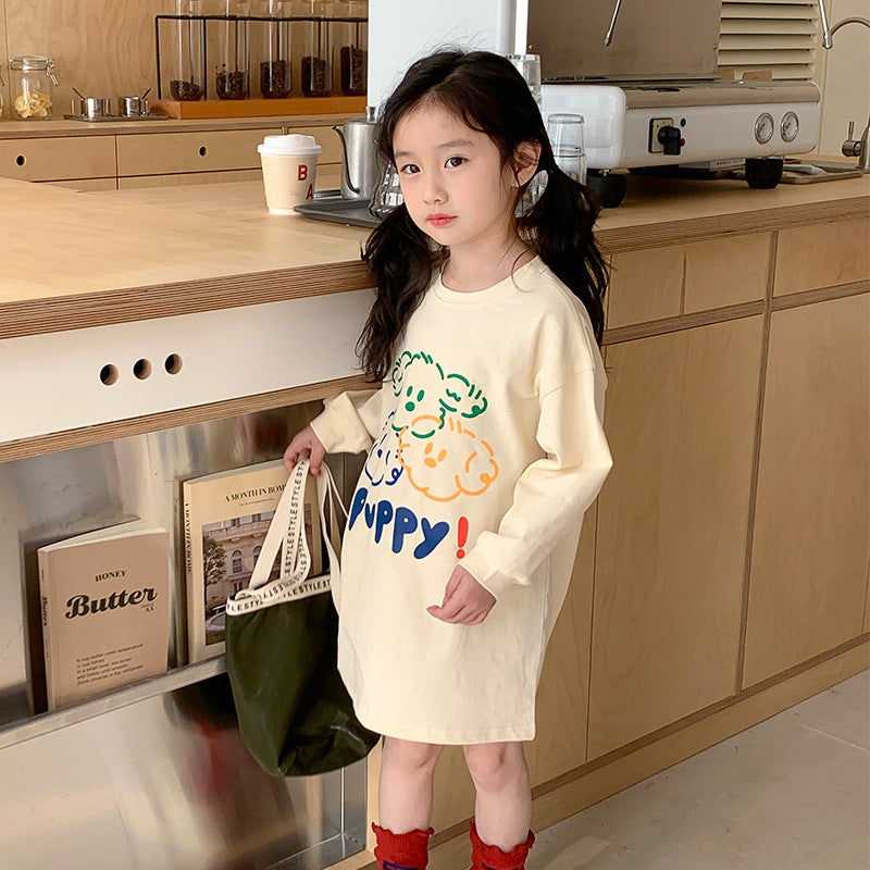 Korean children's clothing 2024 spring new style girls' cute puppy print T-shirt children's mid-length long-sleeved tops