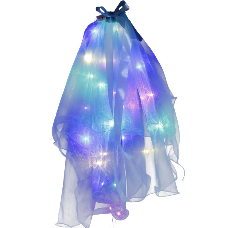 Colorful veil with light glowing double-layer tassel pearl crown flashing ribbon bow veil headdress night market