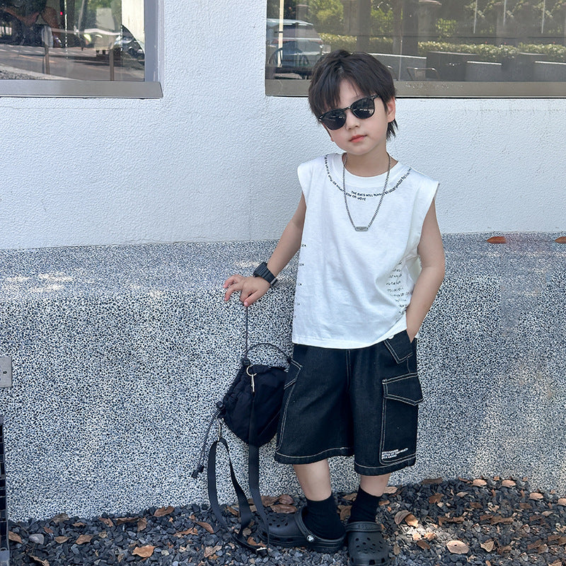 Elmo Beibei Boys 2024 Summer Korean Version Handsome Letters Comfortable Vest Baby Double Yarn Cotton Loose Sleeveless Top