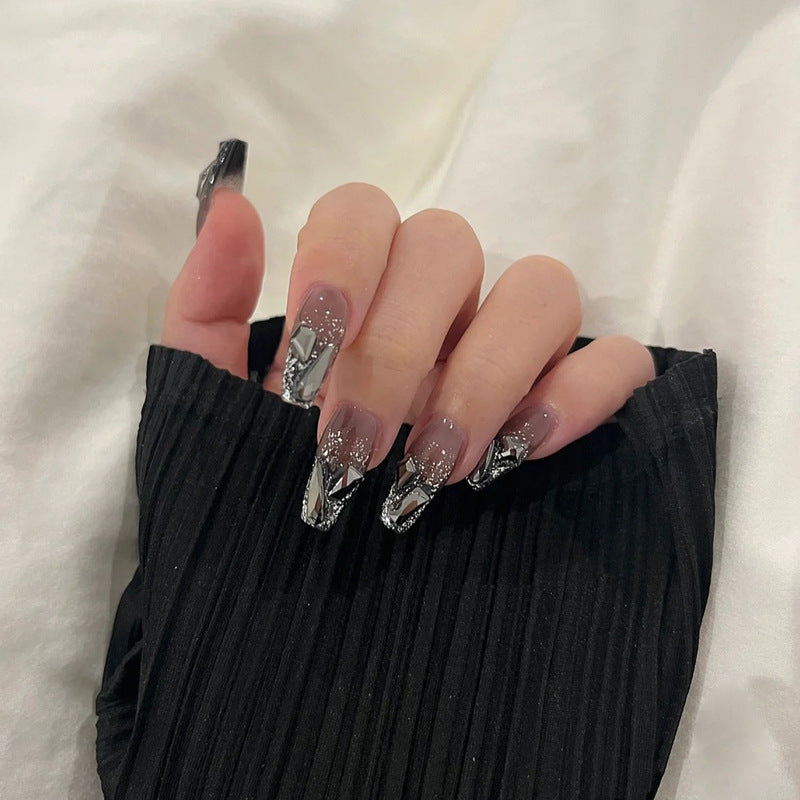 Douyin hot-selling wearable nail wholesale medium-length dark flash diamond nail stickers removable nail art finished nail pieces