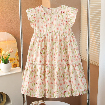 Summer girls floral dress pure cotton skirt fragrant wind flying sleeve vest cotton skirt medium and large children pink pastoral style dress