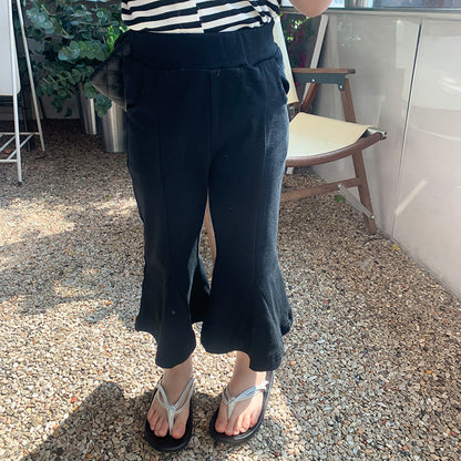 2024 summer new style girls pants small children black irregular wood ear flared pants stylish knitted trousers trend