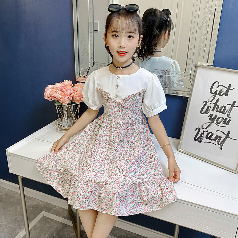 Girls dress 2024 summer new style medium and large children's floral dress pastoral style fake two-piece short-sleeved dress