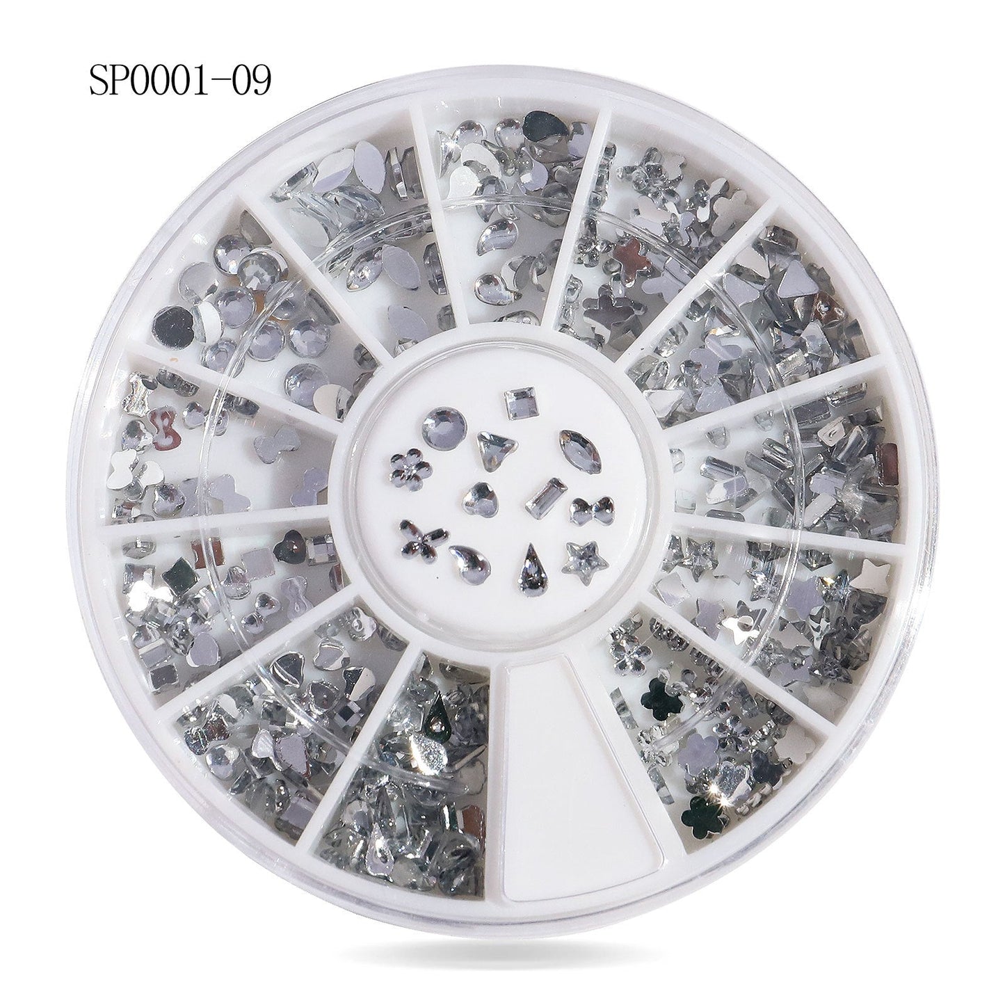 Cross-border nail art accessories nail flat bottom fantasy alloy diamond special-shaped white AB rhinestone accessories 12 grid turntable wholesale