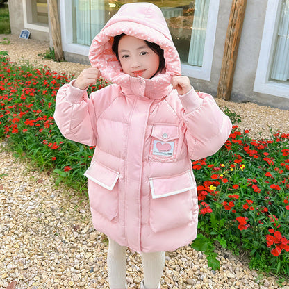 2024 new cotton-padded jacket for girls, bunny, lengthened and thickened, Korean style, cartoon, middle and large children's kindergarten