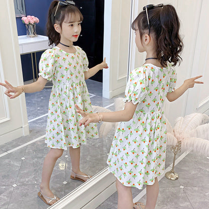 Girls dress 2024 summer new style medium and large children's short-sleeved floral dress pure cotton dress long dress sweet baby dress 