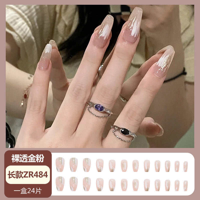 Xiaohongshu popular nail art wearable nail wholesale medium and long ballet nail nude transparent gold powder nail stickers finished nail pieces