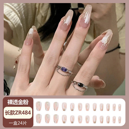 Xiaohongshu popular nail art wearable nail wholesale medium and long ballet nail nude transparent gold powder nail stickers finished nail pieces