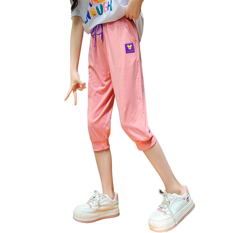 Girls' summer cropped trousers loose elastic outer cotton cuffs thin style middle and large children's sports casual trousers trendy