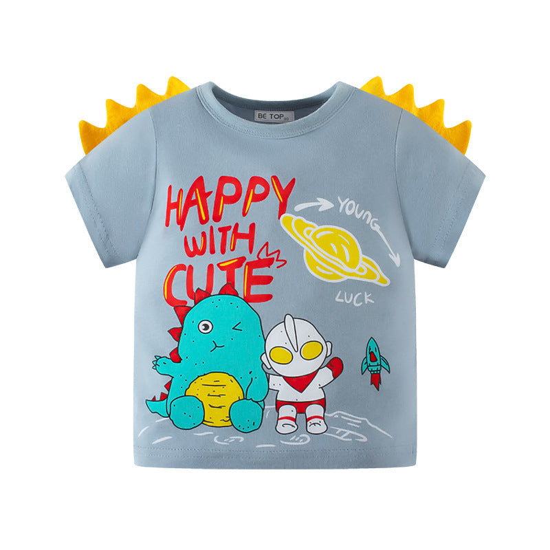 2024 new children's short-sleeved cartoon dinosaur superman pattern pure cotton baby boy T-shirt tops one piece delivery