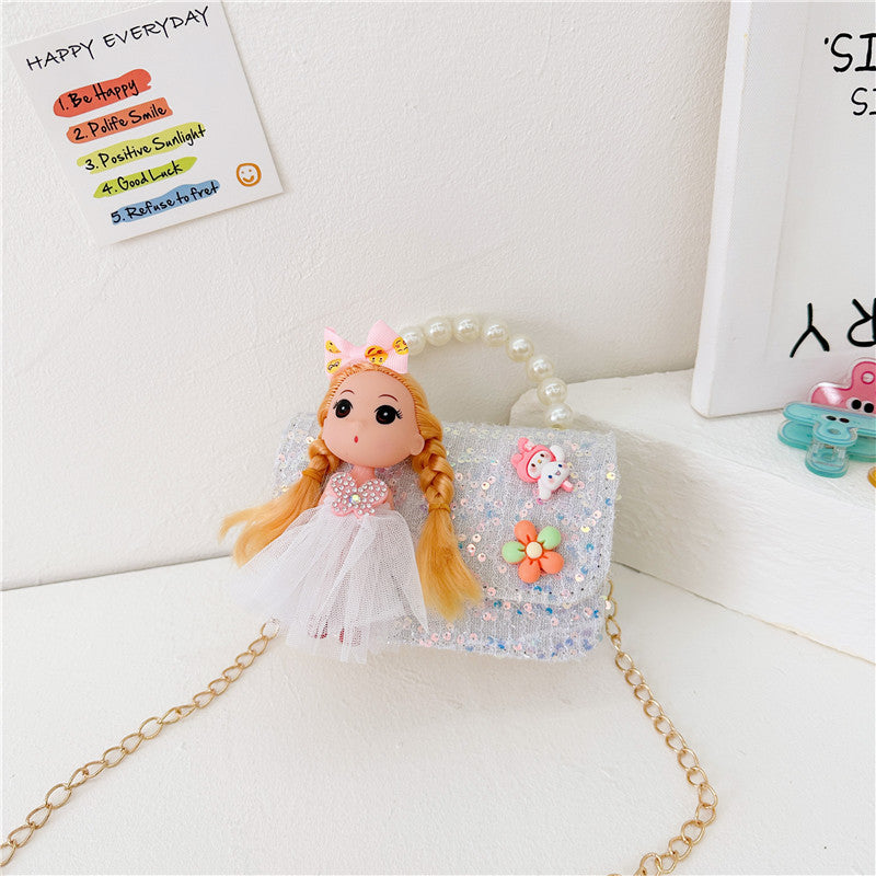 New style children's bag fashion pearl handbag cartoon doll shoulder bag girls chain crossbody bag wholesale 