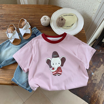 Children's T-shirt Bangcheng 2024 summer boys' contrasting color collar short-sleeved new children's clothing cartoon elephant short T-shirt trendy G0098