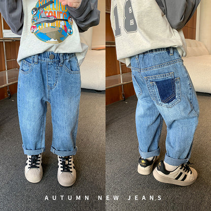 Children's pants 2023 autumn boys Korean version sand washed cotton pocket jeans baby stylish one button straight pants