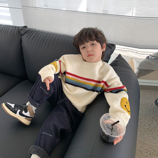 Amo Beibei children's winter thickened sweater for boys and girls 2023 new rainbow stripe smiley face sweater trend