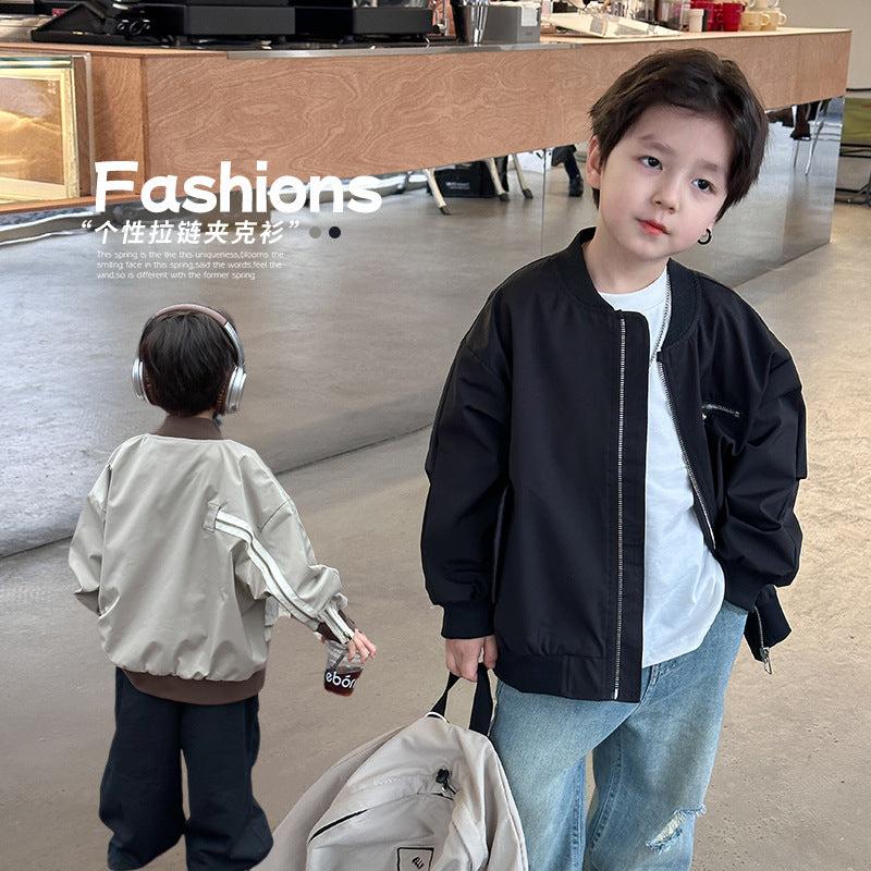 Elmo Beibei Children's 2024 Spring Waterproof Zipper Personalized Zipper Baseball Jacket Boys Korean Style អាវខាឌីហ្គែនដ៏ស្រស់ស្អាត