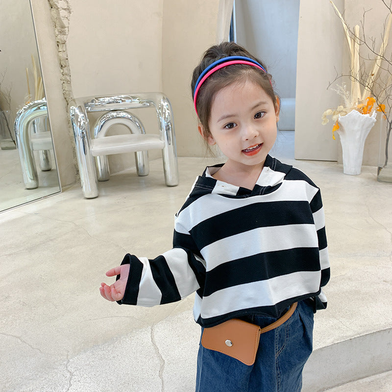 2021 Spring and Summer New Korean Version Small and Medium-sized Children's Girls Striped Short Long-sleeved Sweatshirt Fashion Hooded Sweatshirt Trend