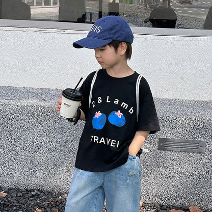 Amo Beibei 2024 summer children's cool cartoon cotton tops for middle and large children Korean version loose fruit short-sleeved T-shirt