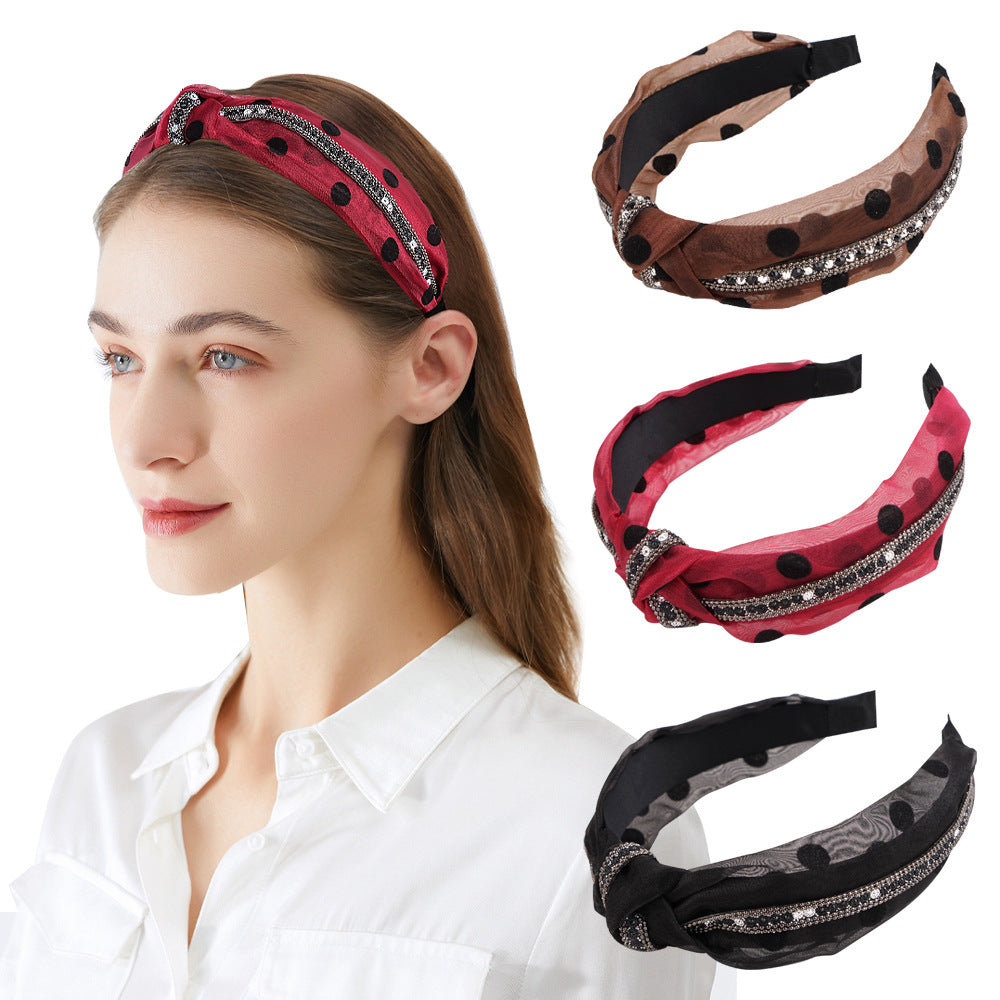 Amazon new style headband for women European and American ethnic style knotted head buckle permed rhinestone mesh gauze fabric headband hair cave women