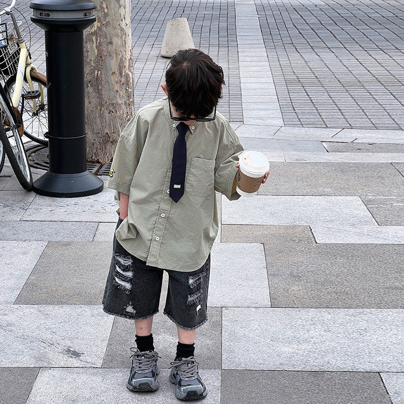 儿童夏装男童短袖衬衫男孩2024夏季新款透气宝宝学院风衬衣带领带