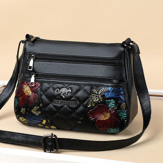 2024 new middle-aged mother bag pure hand-painted pattern fashionable large-capacity embroidery design multi-layer crossbody bag