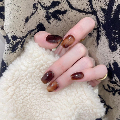 Autumn and winter ins style wear short brown smudge hot girl nail stickers marble nail art nail tips wholesale