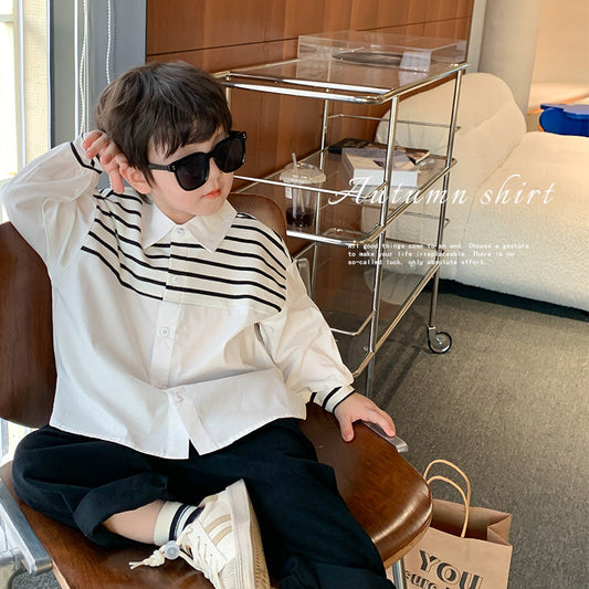 Children's shirts for boys and girls 2023 spring new handsome striped shirts for babies all-match lapel loose tops trend