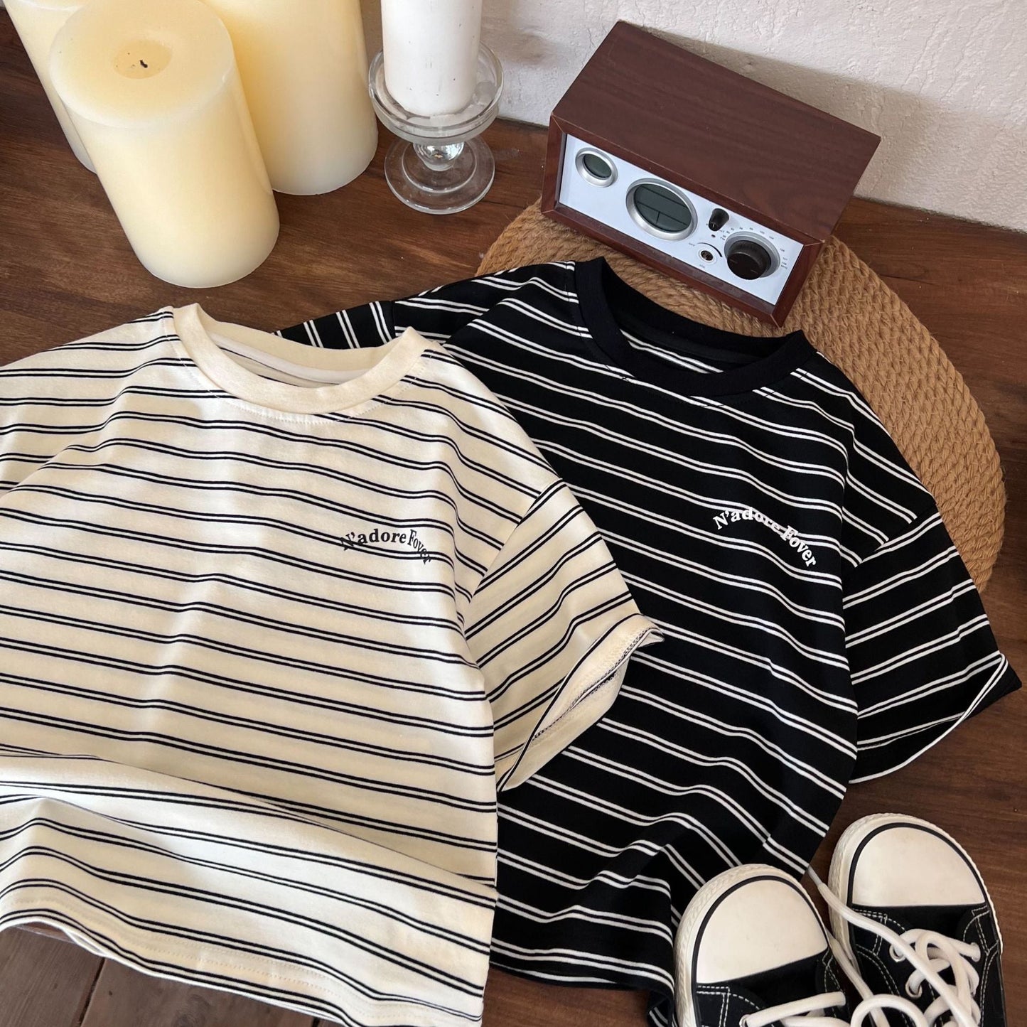 Children's clothing short-sleeved 2024 summer new boys striped versatile casual T-shirt children's fashion trend simple short-sleeved T