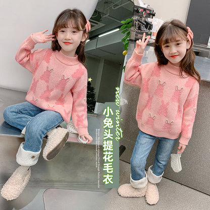 Girls winter sweater thickened little rabbit warm Korean cartoon net red stylish pullover sweater elastic medium and large children