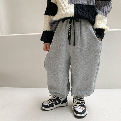 Amo Beibei children's 2023 winter pants for boys and girls thickened silver fox velvet drawstring sweatpants baby warm trousers