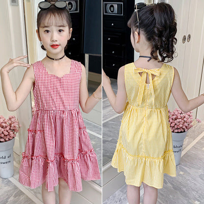 Girls summer plaid dress 2024 new Korean version petal collar plaid vest skirt Internet celebrity princess skirt trend