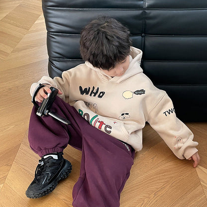 Amo Baby 2023 Winter Children's Thickened Velvet Hooded Letter Graffiti Sweater Baby Handsome Warm Jacket