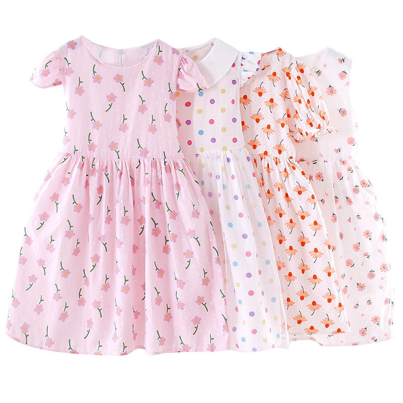 Girls dress 2024 summer new style medium and large children's short-sleeved floral dress pure cotton dress long dress sweet baby dress 