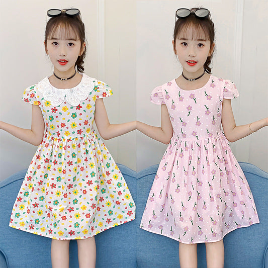 Girls dress 2024 summer new children's stylish printed cotton skirt little girl short-sleeved cartoon vest skirt 