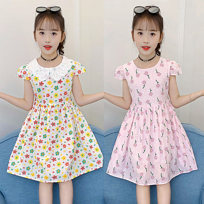 Girls short-sleeved dress 2024 summer new children's stylish printed cotton skirt little girl cartoon vest skirt